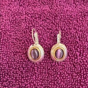 Handcrafted Silver Drop Earrings with Purple Cat's Eye Stones